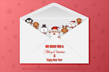 Paper art and cut stype of Merry Christmas and Happy New Year celebration with x’mas element on red background as Holiday Concept. Character in ther envelope. Vector illustration EPS10.a