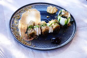 baklawa sweet dessert. traditional turkish pastry on a rustic table