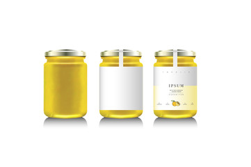 Realistic glass bottle packaging for fruit jam design. Lemon jam with design label, typography, line lemon or citrus icon. Mock up.