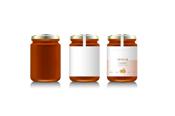 Realistic glass bottle packaging for fruit jam design. Apricot jam with design label, typography, line drawing apricots i. Mock up container or jar