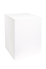 Blank white vertical box mockup. White cardboard box isolated on white background