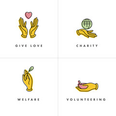 Vector set of logos, badges and icons for charity and volunteer concepts. Philanthropic organization signs design. Collection symbol of volunteer organizations.