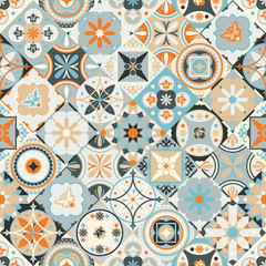 Cotton fabric Talavera pattern. Indian patchwork. Azulejos portugal. Turkish ornament. Moroccan tile mosaic. Ceramic tableware, folk print. Spanish pottery. Ethnic background. Mediterranean seamless wallpaper.