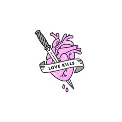 Heart with knife. Love kills slogan. Linear graphic print for t-shirts. Vector stickers, print, patches old school style.