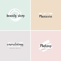 Vector set of emblems, badges and logo design templates for beauty shops, manicure, cosmetology and makeup with with round spots and brush stroke.