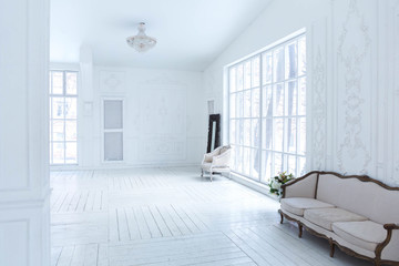 A spacious bright living room with a stylish modern design with elements of antique decor and beautiful chic furniture