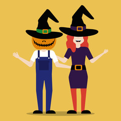 halloween young couple disguised avatar character vector illustration design