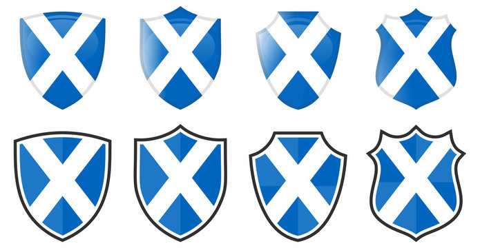 Scotland flag in shield shape, four 3d and simple versions. Scottish icon / sign