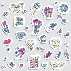 Stickers set in patch badges and pins with cartoon love staff, candy, hearts. Different stickers. Vector crazy doodles for valentines day.