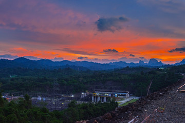 Fototapeta na wymiar Sunset at Ratchaprapa Power Plant,Surat thani,Thailand