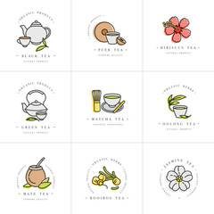 Vector set design colorful templates logo and emblems - organic herbs and teas . Different teas icon. Logos in trendy linear style isolated on white background.