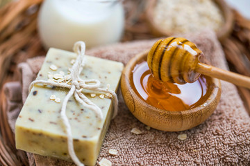 Spa still life with natural honey and oats soap - 293648564