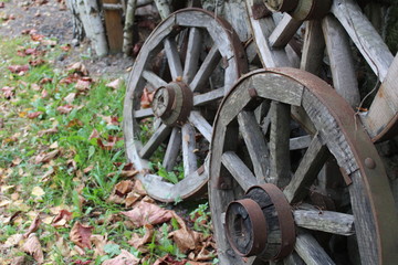 Fototapeta na wymiar photo of old wheel from truck. the subject of wood.the wheel rim is metal.the spokes are wooden.
