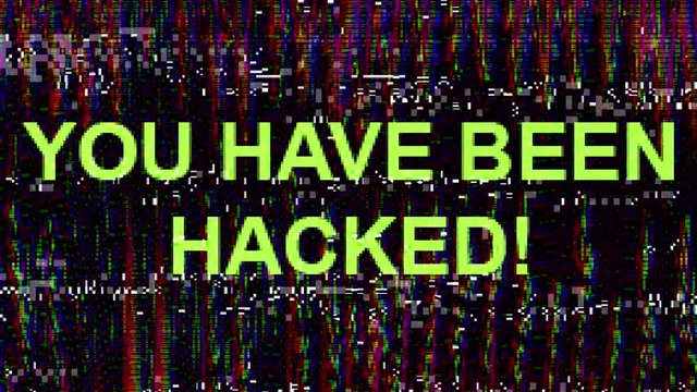 Hacked system. Internet security error. Green warning message on flicker digital glitch screen.