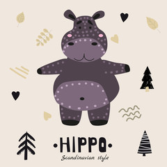 Hippopotamus cute funny character. Childish vector illustration in scandinavian style