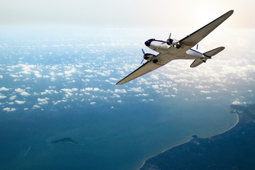 Airplane in the sky. Copy space of business summer vacation and travel adventure concept. Airplane sky and sunshine
