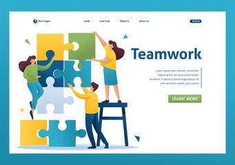 Young people connecting puzzle elements, teamwork, cooperation, partnership. Flat 2D character. Landing page concepts and web design