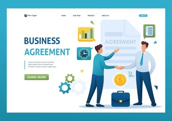 Young Businessmen agreement partners, growth revenue schedules. Flat 2D character. Landing page concepts and web design