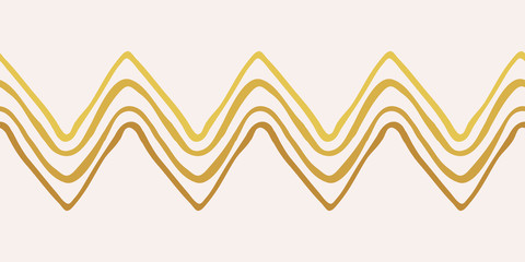 Gold doodle zig zag waves seamless vector border with hand drawn lines for paper goods, wedding invitation cards, greeting cards.