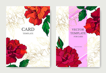 Vector Rose floral botanical flowers. Red and green engraved ink art. Wedding background card floral decorative border.