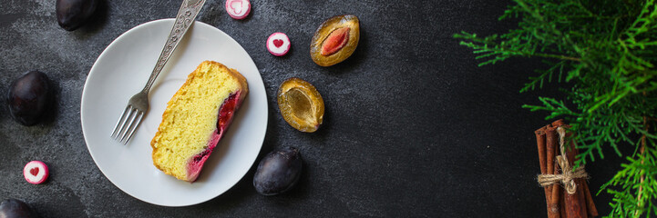 plum pie (delicious dessert, pastries with fruit) menu concept. food background. copy space. Top viev