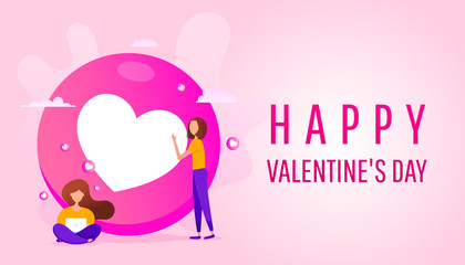 Happy Valentines Day greeting card with little girls on the background of a pink heart shape.