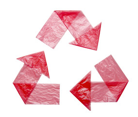 Sign recycling plastic from red bags isolated on a white background. Environmental pollution by disposable bags, recycling