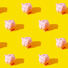 Seamless texture pattern. Piggy bank on a yellow background. Set. Long harsh shadow from the summer sunshine