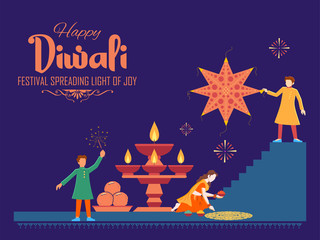 illustration of Indian people celebrating on Happy Diwali Hindu Holiday background for light festival of India