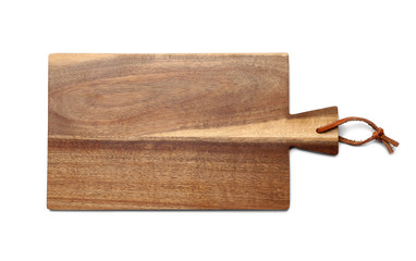 Empty wooden board isolated on white, top view