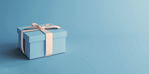 Mock-up poster, baby blue gift box with white bow on light blue background, 3D Render, 3D...