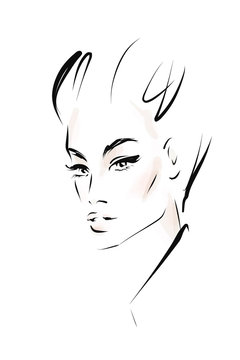 recommend clip art: Hand-drawn portrait of young woman. Face of beautiful girl with makeup and hairstyle. Fashion illustration in sketch style. Vector