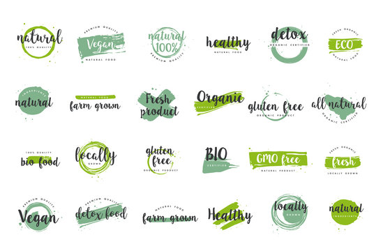 Organic food, farm fresh and natural product icons and elements collection for food market, ecommerce, organic products promotion, healthy life and premium quality food and drink.