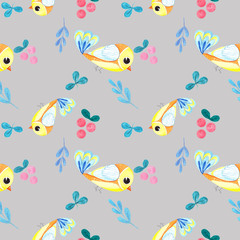 Naklejka na ściany i meble Seamless pattern with watercolor yellow birds, colorful autumn design. Watercolor illustration in Scandinavian style for t-shirts, fabrics, stickers, packaging paper