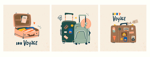 Bon voyage! Luggage bags, suitcases, baggage, travel bags. Vacation, holiday. Set of three hand drawn vector trendy illustrations. Cartoon style. Flat design. Greeting cards