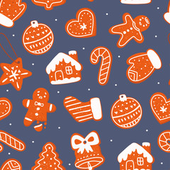 Various tasty gingerbread cookies. Hand drawn colored vector seamless pattern. Holiday trendy illustration. Different shapes of sweets. Christmas winter mood. Cartoon style. Flat design