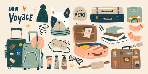 Travel stuff. Various luggage bags, suitcases, cosmetics, clothes. Vacation, holiday. Hand drawn vector set. Colorful trendy illustration. Cartoon style. Flat design. All elements are isolated