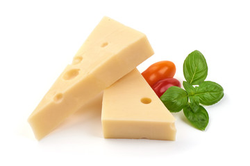 Emmental cheese triangle, Swiss cheese, isolated on white background