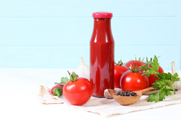 ketchup on the table. Tomato sauce, fresh tomatoes, spices.