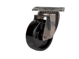 An industrial phenolic wheel in a metal swivel backet isolated on the white background