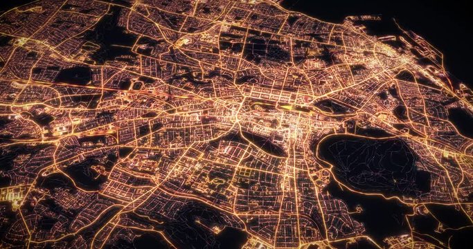 Aerial night view of city of Edinburgh, Scotland. Traffic and street light glowing. Camera flying above space filming to city center. Rotating around and making endless loop. 3d animation rendering.