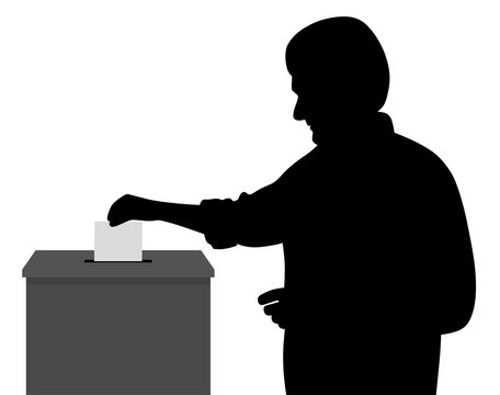 Man voter putting ballot voting paper in blank ballot box. Space for your text.