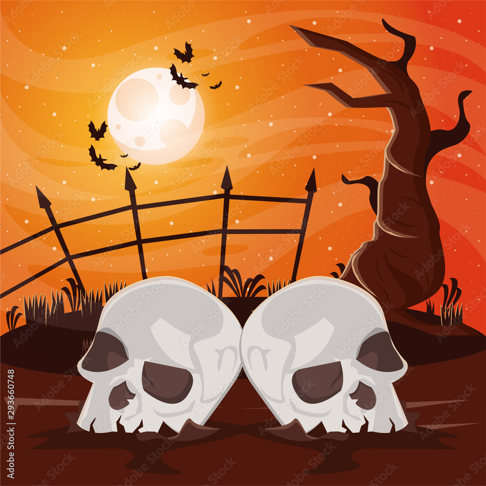 Sticker halloween dark scene with skulls heads