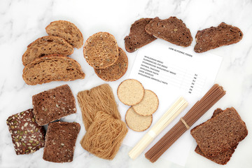 Low GI health food for diabetics with bread, noodles, pasta and crackers  high in vitamins, minerals,  antioxidants and smart carbs. Below 55 on the GI index with corresponding values. Top view.