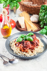 Spaghetti pasta with meatballs and tomato sauce