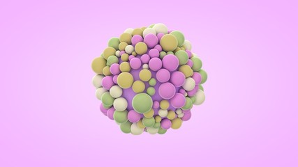 3D rendering of many small balls of different colors and sizes. Abstract composition, the idea of happiness and joy, geometric shapes in perfect interaction. The molecule of joy.