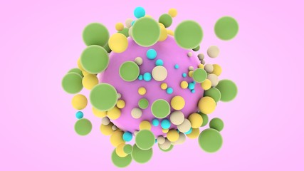 3D rendering of a large purple sphere and many small colored balls around. The image of an ideal geometric composition, the molecular structure of happiness. Abstraction, futuristic design.