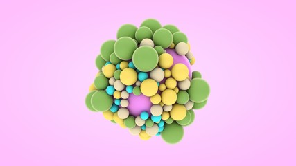 3D rendering of many small balls of different colors and sizes. Abstract composition, the idea of happiness and joy, geometric shapes in perfect interaction. The molecule of joy.