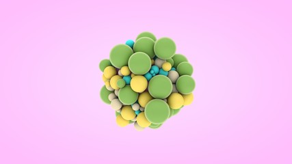 3D rendering of many small balls of different colors and sizes. Abstract composition, the idea of happiness and joy, geometric shapes in perfect interaction. The molecule of joy.