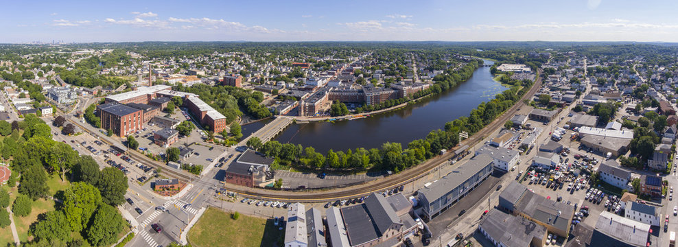 Charles River panorama aerial view in downtown Waltham, Massachusetts, MA, USA.